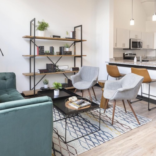 a living room with a couch and a table